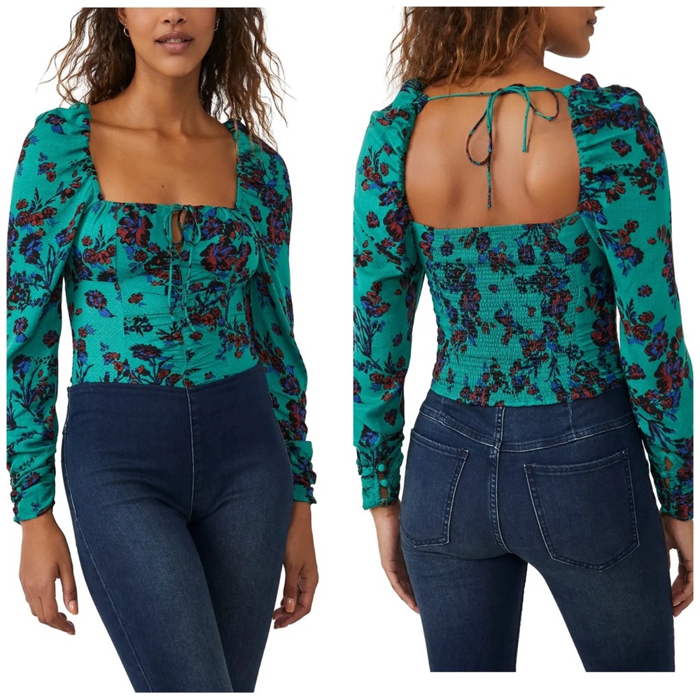 Free People 🌟Hilary Top Blouse XS NWT Green Floral Print